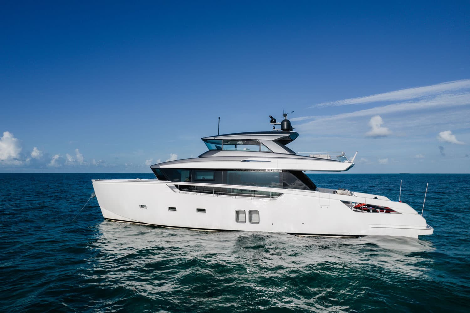 Aerial view of Quarantena yacht set against backdrop a bay of Miami